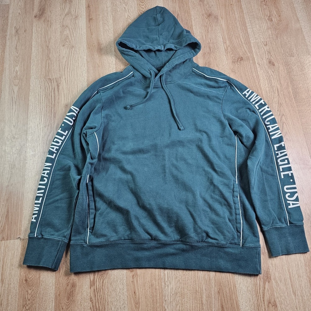 American Eagle Hoodie Mens L Teal Green USA Graphic Sleeve Piping Sweatshirt